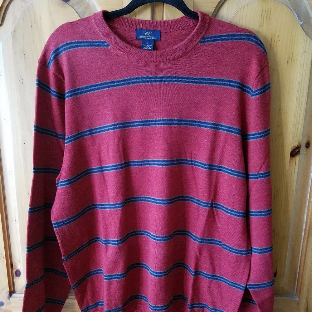 Brooks Brothers Sweater Mens Large 346 Red Stripe Pullover Merino Knit Wool - Picture 1 of 5